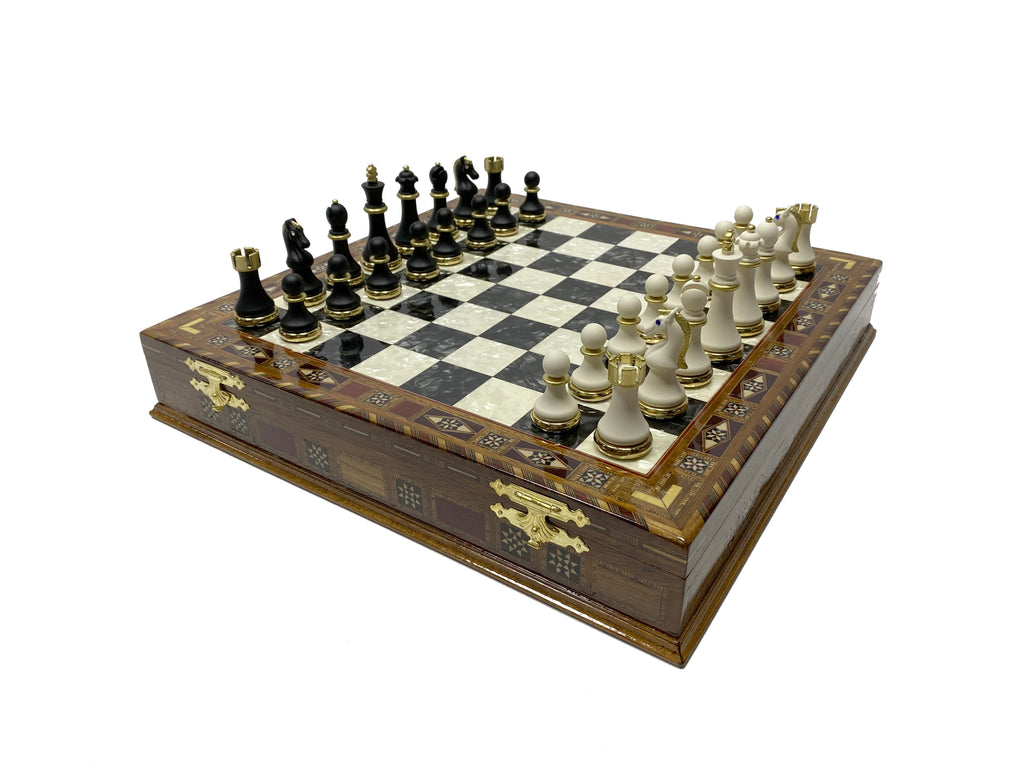 16.5 Inches Large Chess Set - Luxury Chess Pieces with 2 Extra Queens and Wooden Chess Board with Mosaic Details Antochia Crafts 