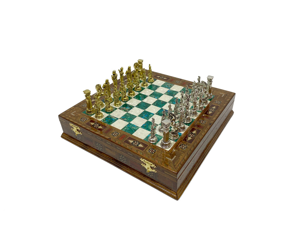 Personalized 10.8 Inches Chess Set Green - Gift Idea for Anyone on Any Occasion - Golden Silver Mythology Chess Pieces Antochia Crafts 