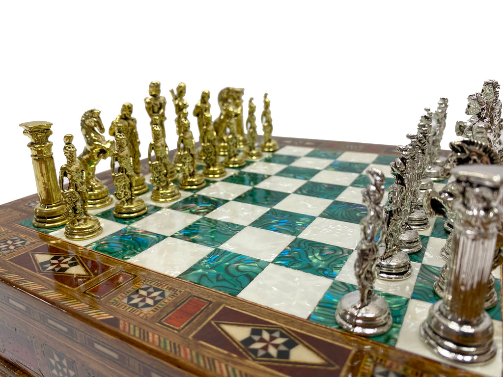Personalized 10.8 Inches Chess Set Green - Gift Idea for Anyone on Any Occasion - Golden Silver Mythology Chess Pieces Antochia Crafts 